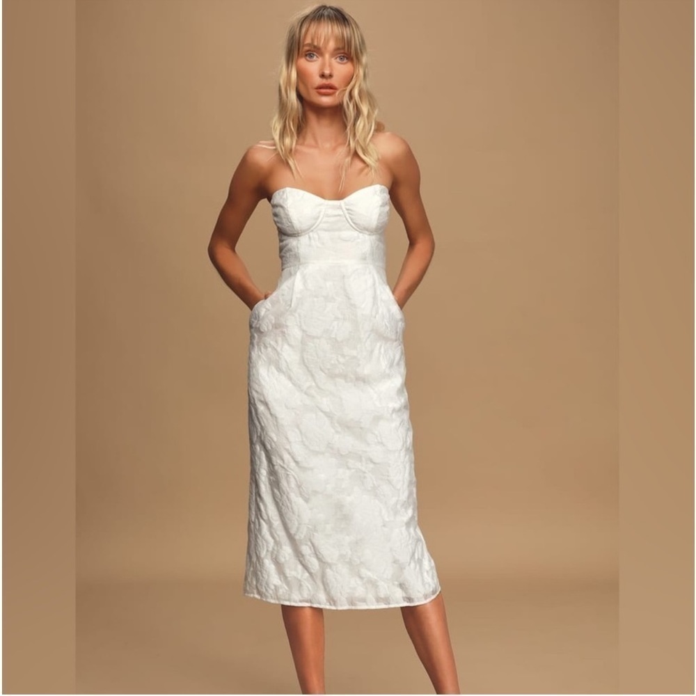 Lulus From this Day White Floral Jacquard Strapless Midi Dress NWT